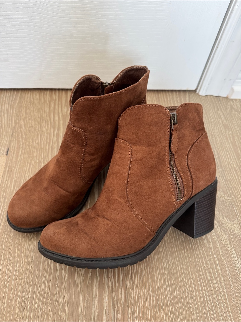 Natural Reflections Rust Brown Suede Ankle Booties with Side Zip